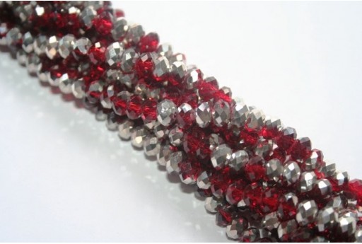 Perline Vetro Rondella Sfaccettata Argento/Rosso 6x4mm - 90pz